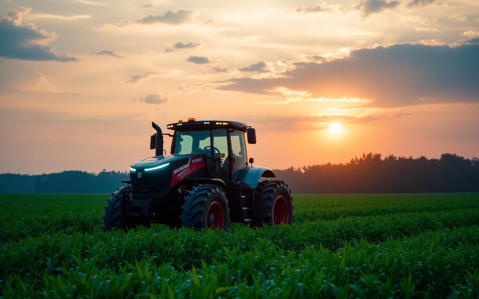 Smart agricultural tractor cultivating crops at sunset in Rwandan farmland